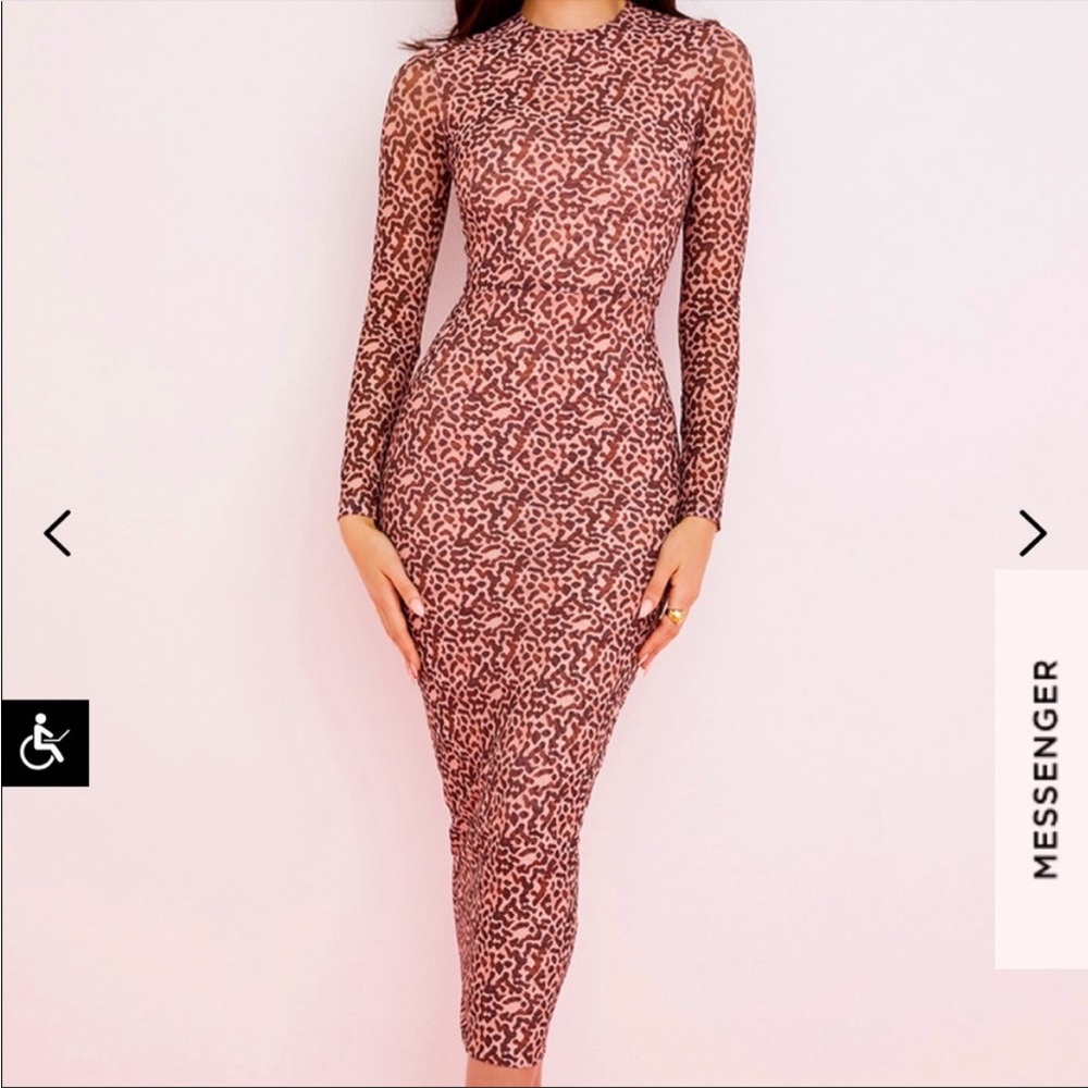 House of CB Hailey pink leopard print mesh knit long sleeve bodycon midi dress